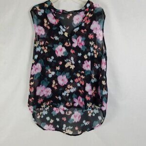 Almost Famous Shirt Womens Large Black Top Sheer Lightweight Floral Sleeveless V